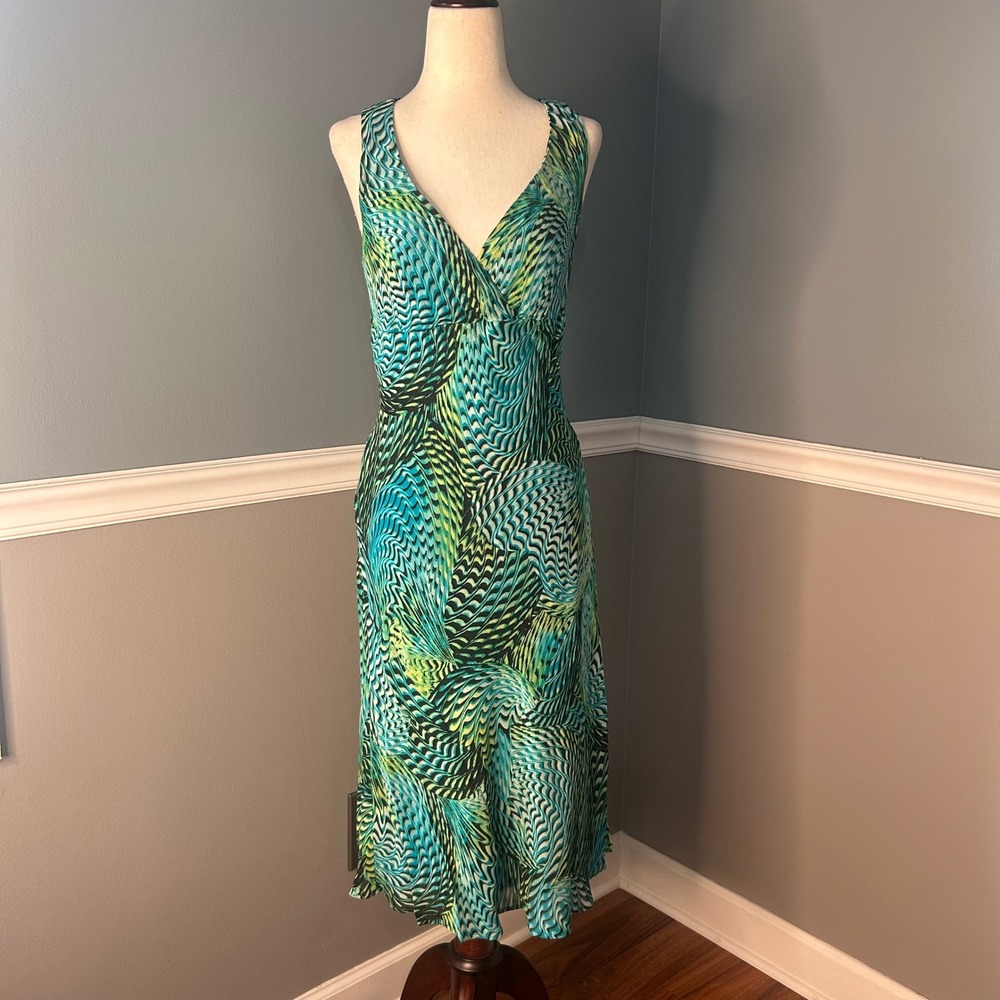 Tessuto‎ Sleeveless 90s Midi Dress Abstract Print V-Neck Casual Party Size M